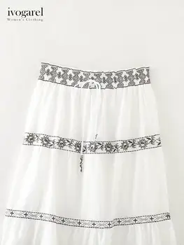 Винтажная вышитая юбка-миди Ivogarel, женская юбка-макси с высокой талией из хлопка с контрастной вышивкой на эластичном поясе 4