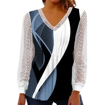 Блузка для женщин 2023, Модная кружевная рубашка в стиле пэчворк с длинным рукавом и V-образным вырезом, рубашка с цифровой полосатой печатью, Повседневная элегантная офисная блузка Femme 4