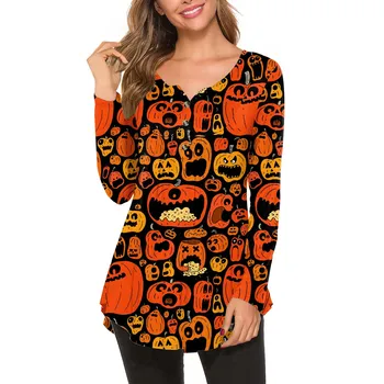 Женская футболка, модный повседневный пуловер с длинными рукавами и пуговицами на Хэллоуин, блузка с круглым вырезом и принтом футболка женский Roupas Femini 4