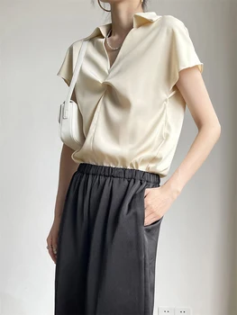 TWOTWINSTYLE, однотонные минималистичные блузки для женщин, V-образный вырез, короткий рукав, Лоскутные складки, Темпераментные рубашки, женская модная одежда 4