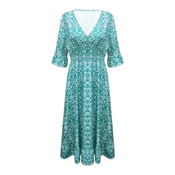 Женское Летнее богемное платье Миди с цветочным принтом, короткий рукав, V-образный вырез, эластичный пояс, Свободное пляжное платье 4