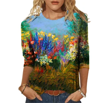 2023 Женский модный пуловер с круглым вырезом и цветочным принтом, осень-зима, повседневная футболка свободного размера с длинным рукавом, топы XS-8XL 5