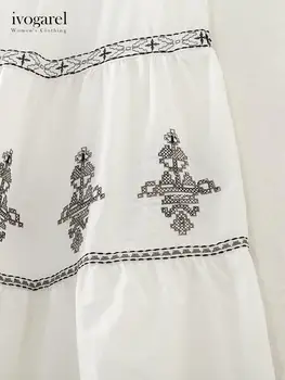 Винтажная вышитая юбка-миди Ivogarel, женская юбка-макси с высокой талией из хлопка с контрастной вышивкой на эластичном поясе 5