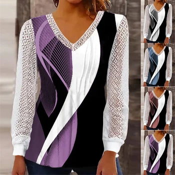 Блузка для женщин 2023, Модная кружевная рубашка в стиле пэчворк с длинным рукавом и V-образным вырезом, рубашка с цифровой полосатой печатью, Повседневная элегантная офисная блузка Femme 5