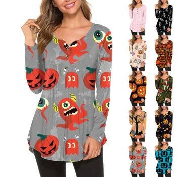 Женская футболка, модный повседневный пуловер с длинными рукавами и пуговицами на Хэллоуин, блузка с круглым вырезом и принтом футболка женский Roupas Femini 5