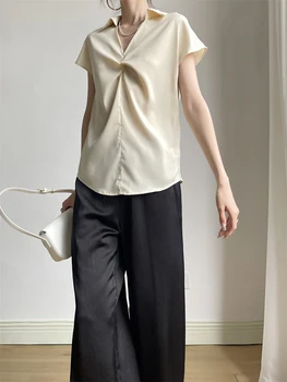 TWOTWINSTYLE, однотонные минималистичные блузки для женщин, V-образный вырез, короткий рукав, Лоскутные складки, Темпераментные рубашки, женская модная одежда 5