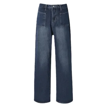 Ретро Синие джинсы с высокой талией для женщин Лето Осень 2023, Новые свободные прямые широкие брюки для улицы, Модные свободные брюки 5